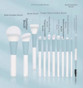 Detailed view of 12-piece professional light blue makeup brush set with soft white bristles