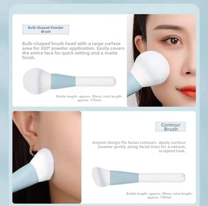 Detailed size specifications for powder and contour brushes with blue handles