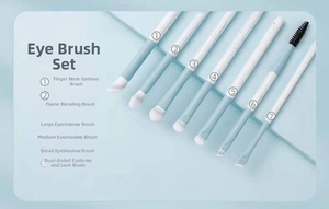 Detail of 7-piece light blue eye makeup brush set with various specialized brush heads