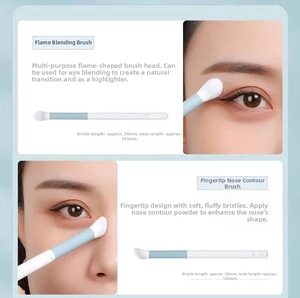 Detail of light blue flame-shaped blending brush and angled nose contour brush for makeup