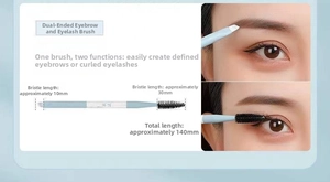 Dual-ended eyebrow and eyelash brush detail with 140mm length measurements and blue handle