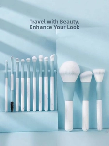 Detailed close-up of 13-piece makeup brush set with marble handles and soft fiber bristles