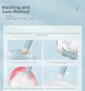 Detailed cleaning guide for 12-piece soft makeup brush set with mild mousse washing steps