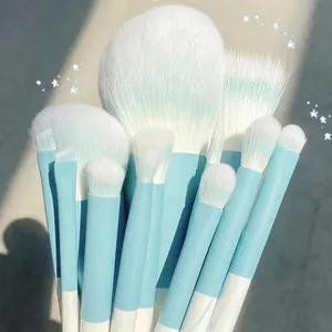 Blue makeup brush set with soft white synthetic bristles for liquid and powder