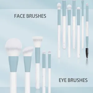 Sky blue 12pcs professional makeup brush set with soft white bristles for full face makeup
