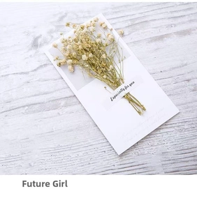 Macro shot of dried babys breath flower bouquet on a minimalist white card for gifting