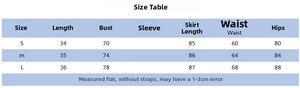 Detailed size chart for women's polka dot summer crop top and skirt set in sizes S to L