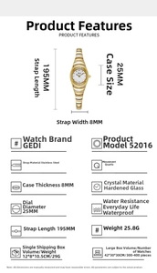 Detailed size specifications for women gold bracelet watch with rhinestone detailing