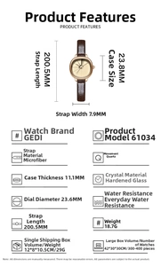 Detailed specs of retro quartz watch featuring brown strap and golden case dimensions