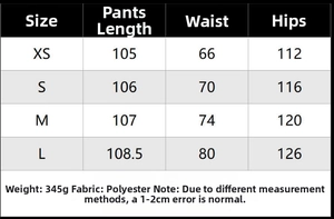 Detailed size chart for striped vest and pleated trousers set in polyester fabric