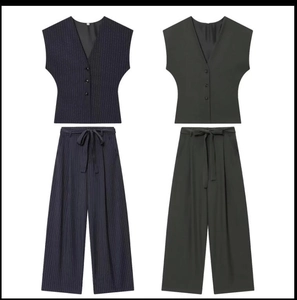 Women Waistcoat And Wide Leg Trousers Polyester Pinstripe Solid Business Casual Office Sleeveless Elegant Belted