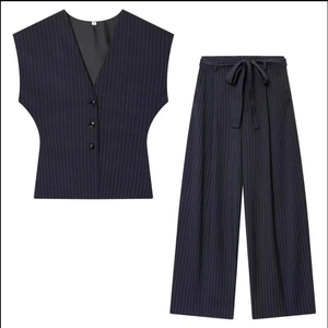 Women's dark blue pinstripe vest and high-waisted wide-leg trousers two-piece set