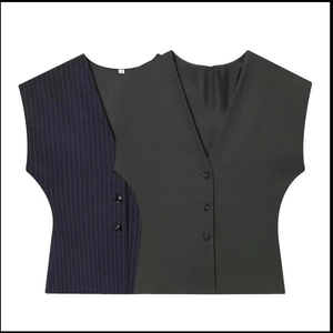 Close-up of navy blue pinstripe and dark grey v-neck buttoned vests for women