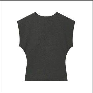 Detailed view of dark grey sleeveless ribbed tank top with premium cotton blend texture