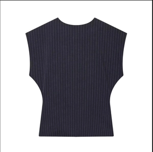 Detail of navy blue pinstripe sleeveless top with elegant round neck and woven texture