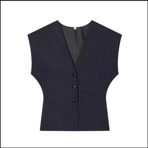 Close-up of Navy Blue Pinstripe Vest showing V-neck, buttons, and size S inner tag