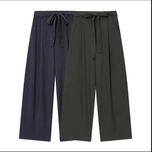 Women's high waist striped wide leg trousers with matching belt in navy and olive green