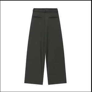 Detail view of high-waist wide-leg dress pants with back pockets in dark gray