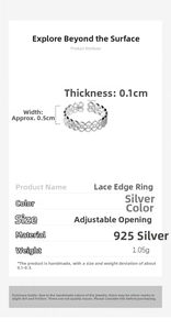 Detail view of S925 sterling silver lace ring with width 0.5cm and adjustable design