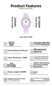 Detailed dimensions of the GEDI quartz watch with purple silicone strap and white dial