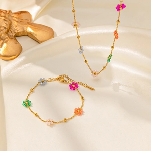 Colorful Beaded Flower Necklace And Bracelet Stainless Steel Sweet Vibrant Summer Jewelry For Women
