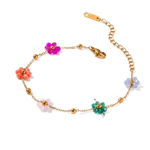 Colorful floral beaded bracelet with multi-color crystal flowers and gold chain