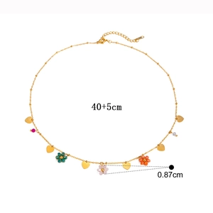 Halskette mit goldenem Herzanhänger, bunten Perlenblumen und 40+5cm dünner Kette