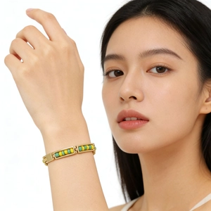 Stainless Steel Bracelet For Women 18K Gold Plated Rectangle Frame With Yellow And Green Beads Fashion Jewelry