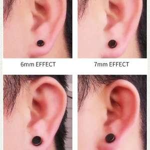 Black magnetic stud earrings in 6mm and 7mm sizes shown on ear for size comparison