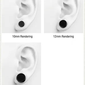 Black magnetic stainless steel stud earrings shown in 10mm and 12mm size comparisons