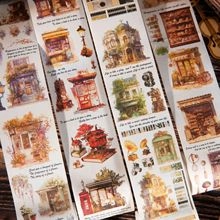 Detail of vintage PET stickers featuring European architecture and retro shop illustrations
