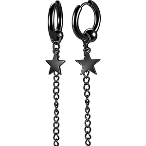 Pendientes de aro negros de acero de titanio con estrella y cadena de estilo punk