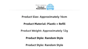 Detailed specifications of monkey climbing tree gel pen showing 16cm length and 12g weight