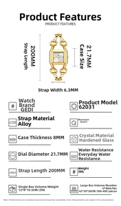 Detailed specifications of a square quartz watch with a gold-tone horsebit bracelet