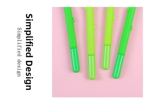 Close-up of creative green plant stem shaped gel pens on a soft pink background