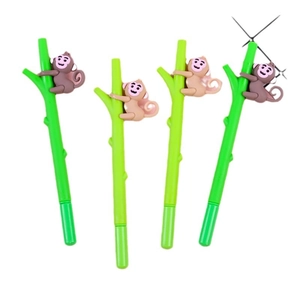 Cartoon monkey climbing tree branch pens set of four in green and brown colors