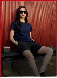Detail of reinforced neckline and cooling sorona fabric on dark blue short sleeve t-shirt