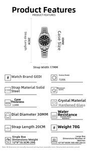 Diagramme détaillé des spécifications de la montre à quartz GEDI avec bracelet en acier argenté