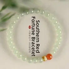 Detail of natural Hetian jade beaded bracelet with S925 silver ball and agate bead