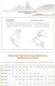 Size guide with bracelet measurement methods and a height-weight reference chart