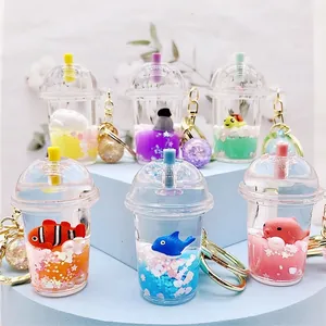 Milk Tea Cup Liquid Quicksand Keychain Floating Ocean Animal Acrylic Bag Pendant Sequins Key Ring Glitter Decorative