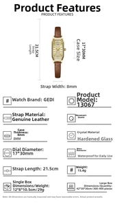 Detailed specifications of a vintage square quartz watch with brown leather strap