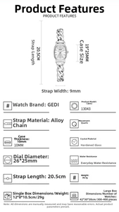 Detailed specifications of the elegant oval quartz watch with silver alloy chain strap