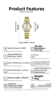 Detailed size chart for minimalist women quartz watch with silver sunray dial
