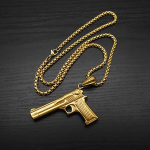 Golden hip hop pistol pendant necklace in polished titanium steel with link chain