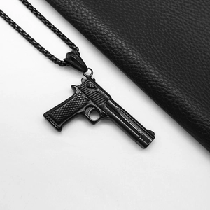 Punk style oversized pistol pendant necklace in black stainless steel for men
