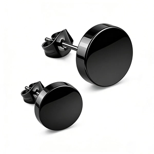 Detailed view of polished black stainless steel stud earrings with butterfly backings