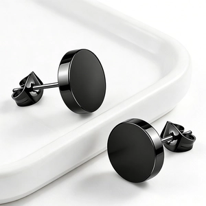 Punk rock black stainless steel dumbbell stud earrings with polished mirror finish