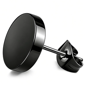 Minimalist black stainless steel barbell stud earring with flat circular disc design