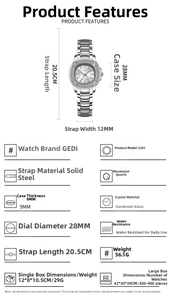 Detailed specs of luxury silver quartz watch with diamond bezel and solid steel strap
